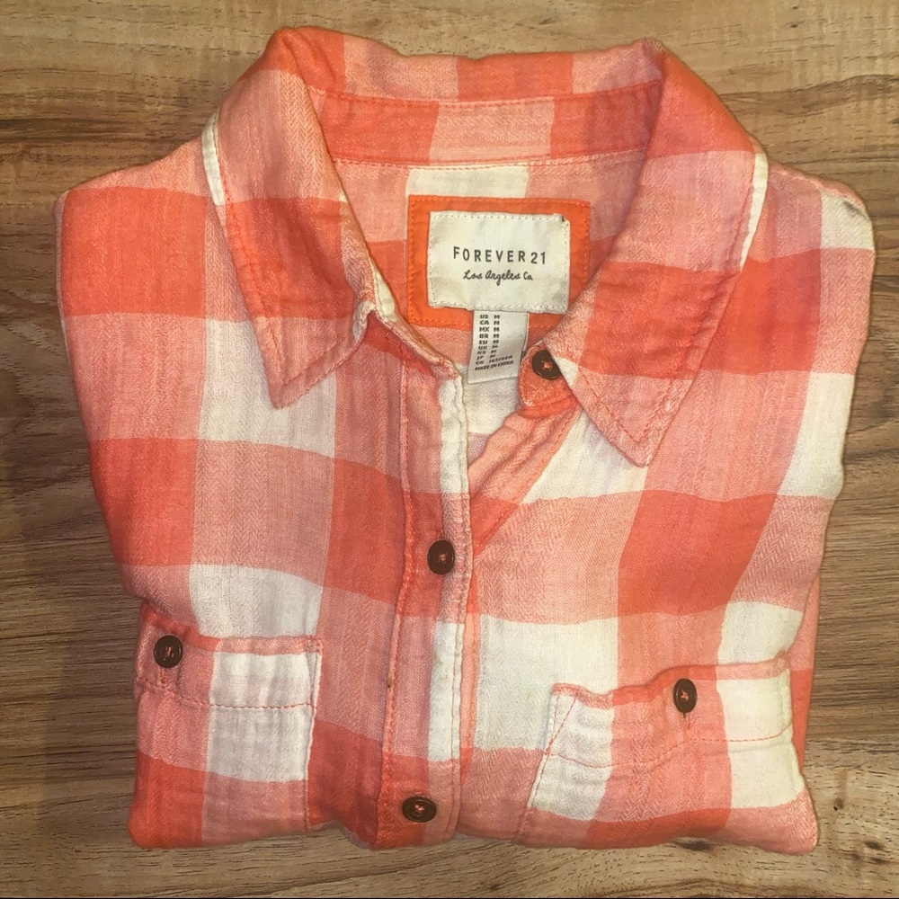 F21 Coral Gingham Buttondown
